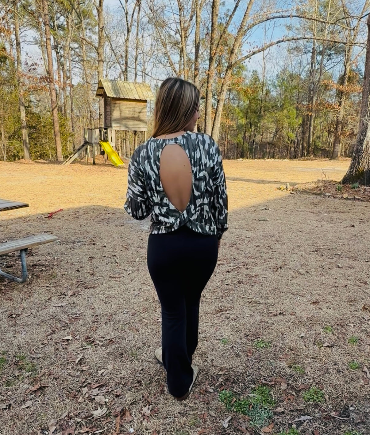 Bottomland Camo wrapped cutout back long sleeve top