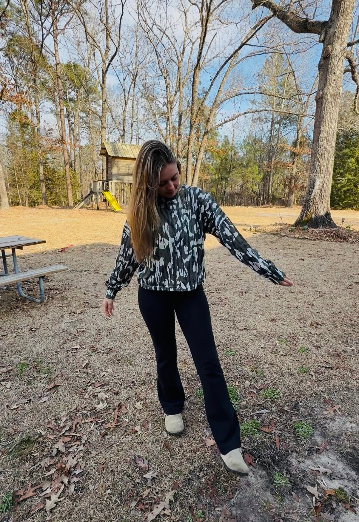 Bottomland Camo wrapped cutout back long sleeve top